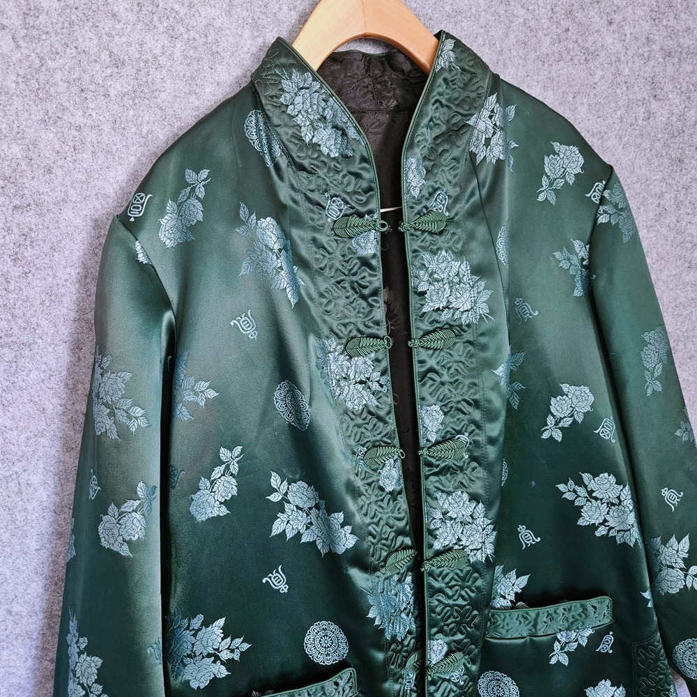 Reversible Green Black Floral Satin Brocade Frog Button Mandarin Jacket Size L